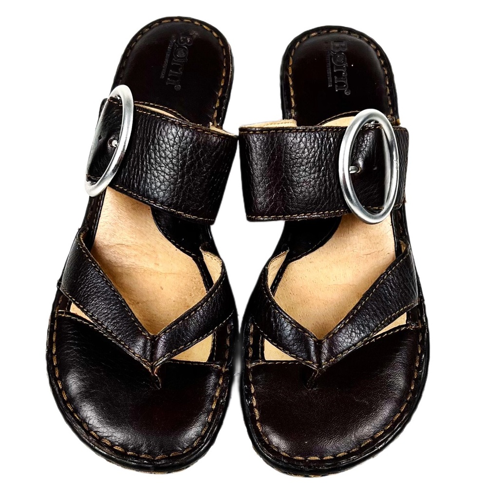 Born Dark Brown Leather Thong Wedge Sandal Size 8 - Picture 2 of 7